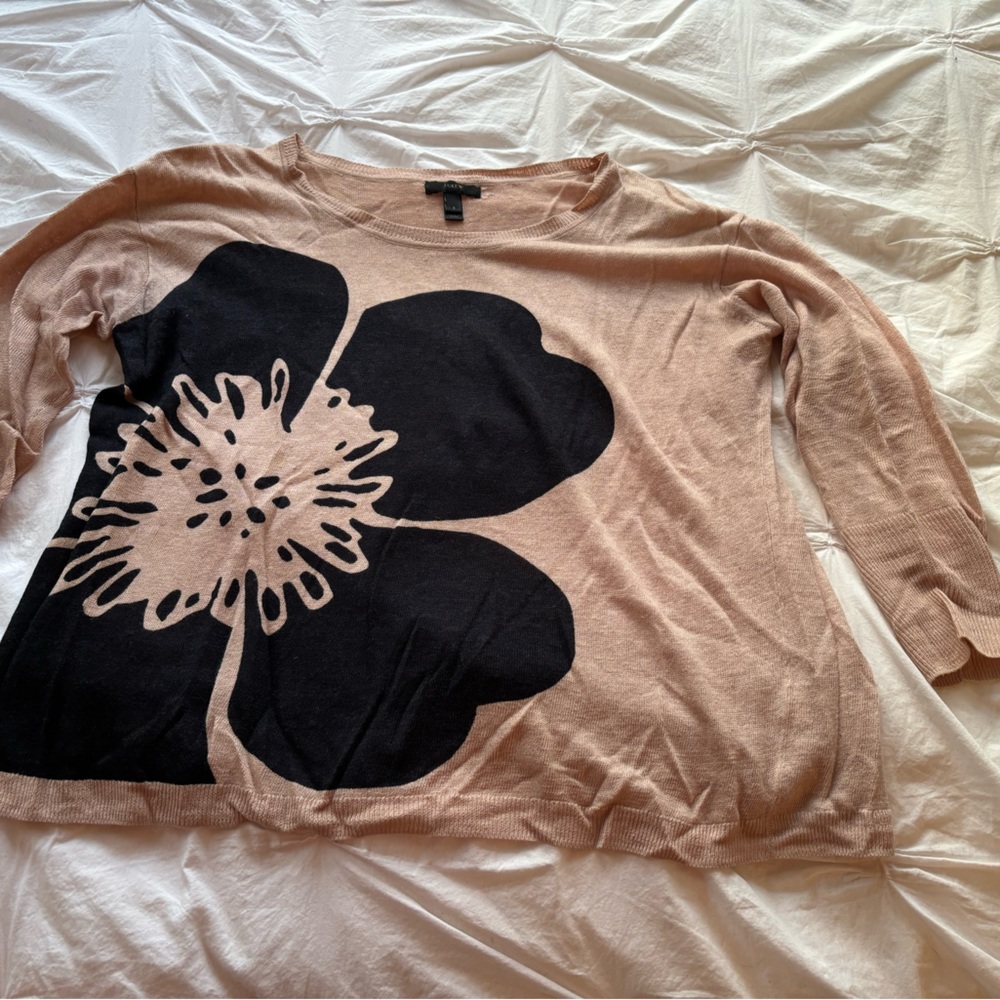 J. Crew 100% Linen Crewneck Sweater with Black Floral Graphic